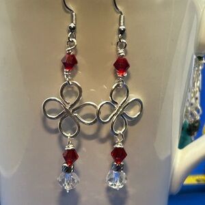 Beaded Red Dangle Earrings handmade clear crystal wire wrapped long earrings